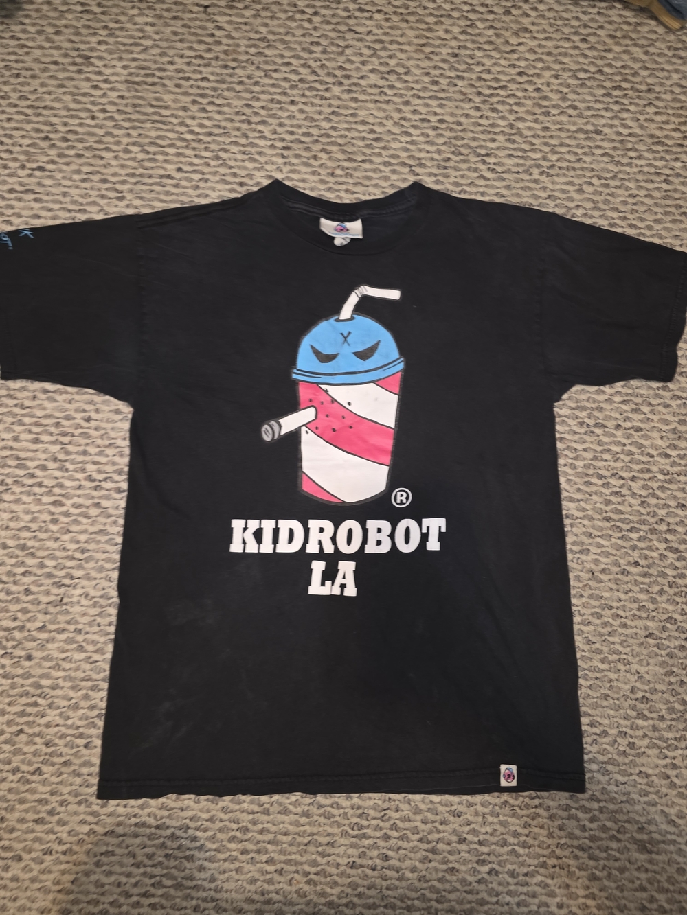 Kidrobot LA Black Short Sleeve Graphic Tee with Blue & Pink Drink Art